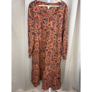 Canyon Retreat Floral Boho Midi Dress L Long Sleeve Tiered‎ Pocket Cotton